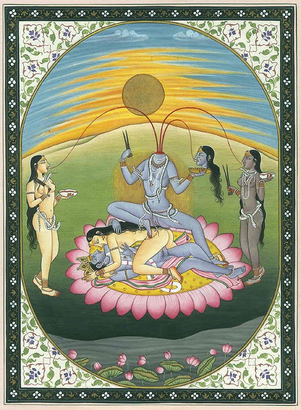 Who is the most controversial Hindu God?
Chinnamasta Devi gets my vote. She should be the patron goddess of the Post-modern 3rd wave feminist movement. Naked women in power roles, self-decapitation, drinking blood, skull cups, garlands of heads, and decorative snakes, all happening on top of a couple in the middle of copulation with the woman taking the dominant role none the less — powerful women, subjugation of patriarchy, one can also read into it racial equality with a feminist twist since both the black girl and the white girl are getting equitable outcomes, with people of colour in the majority. No white men to be see anywhere in a perfect and pristine environment! Doesn’t get more Post-modern, transgressive or controversial than this! Chinnamasta Ma ki jai!!!